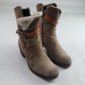 Manas Suede Ankle Boot Womens 6 EU 37 Brown Sherpa Lined Side Zip Strappy Winter